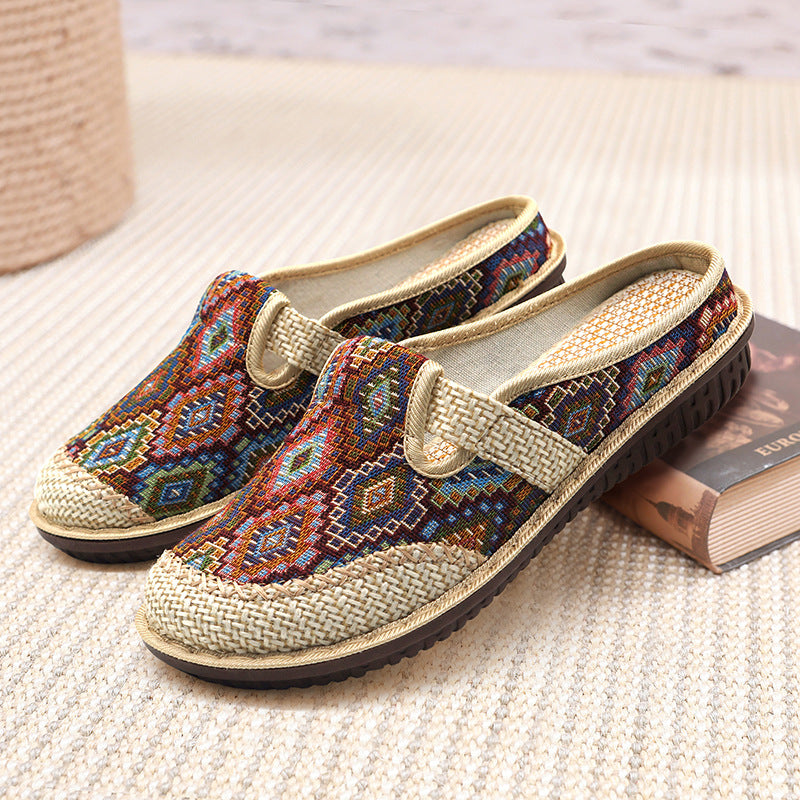 Women'S New Ethnic Style Half Slippers Linen Casual Fisherman'S Shoes Soft Soled Mother'S Shoes