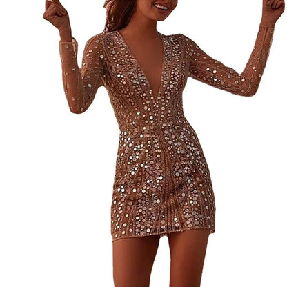 Deep V Long Sleeve Sequin Mini Dress For Women