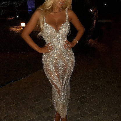 Elegant Sequined Deep V Neck Long Sleeve Dress