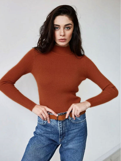 Solid Color Mock Neck Sweater Women Trendy Slim Fit Long Sleeve