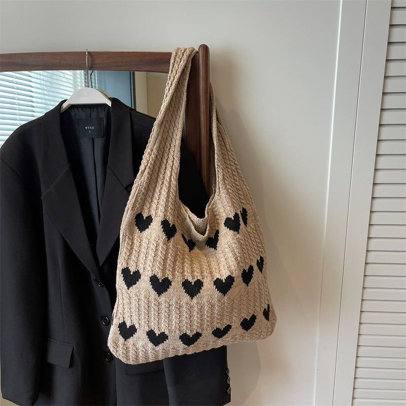 Love Print Color Block Simple Knit Shoulder Bag