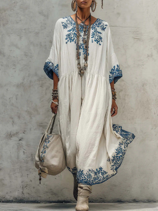 Floral Embroidery Gathered Waist Three Quarter Sleeve Kaftan Maxi Dress