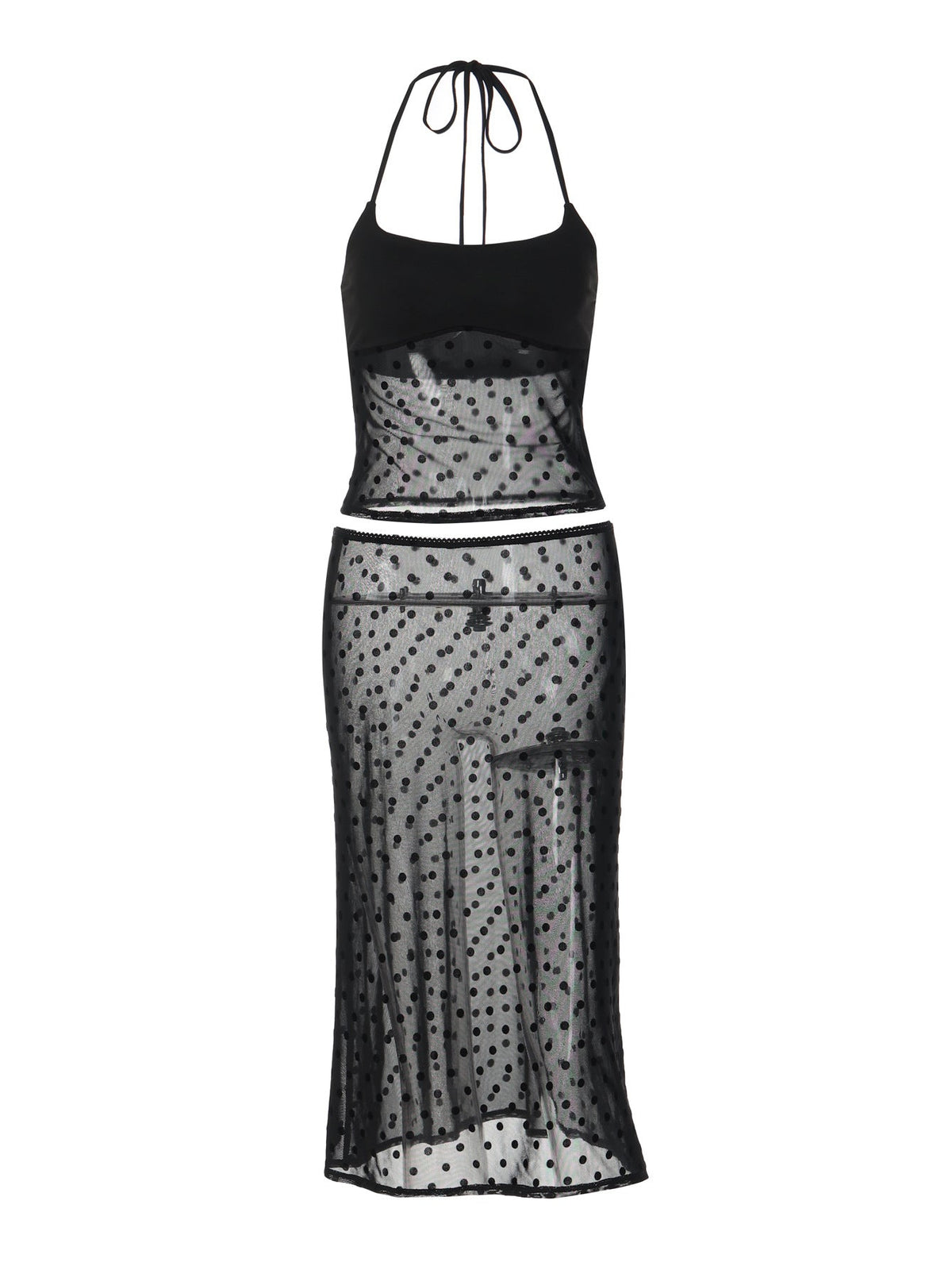 Trendy Polka Dot Sheer Halter Neck Bodycon Dress Set