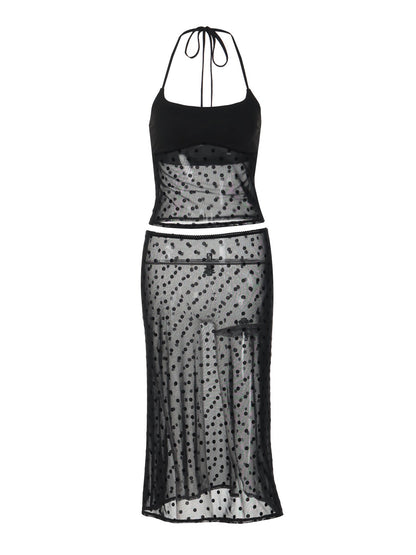 Trendy Polka Dot Sheer Halter Neck Bodycon Dress Set
