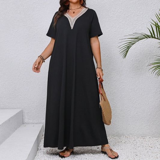Plus Size V-Neck A-Line Dress Elegant Casual Black Dress