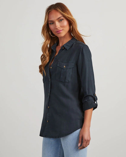 Casual Long Sleeve Denim Shirt With Polo Collar