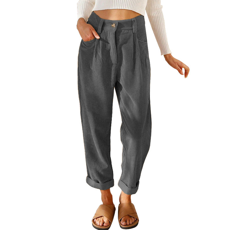 New Women'S High Waist Casual Pants Solid Color Loose Straight Corduroy Pants