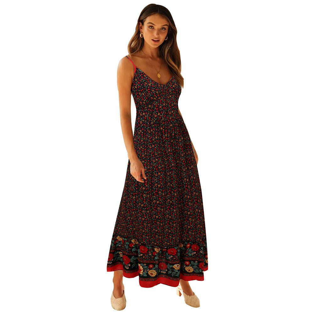 Summer New Swing Skirt Women'S Bohemian V-Neck Suspenders Floral Dress