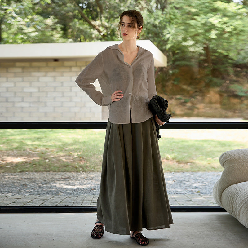 High-Quality Linen Long Sleeve V-Neck Blouse for Women