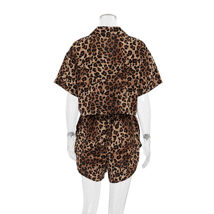 Leopard Print Lapel Sleepwear Sets