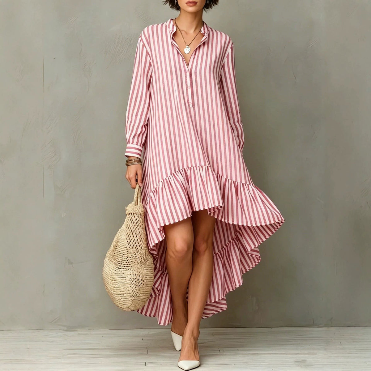 Vertical Stripe Long Sleeve Hi-Lo Ruffle Hem Shirt Midi Dress