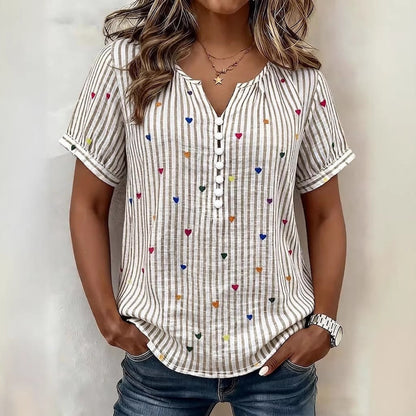 Colorful Heart Striped Henley Blouse