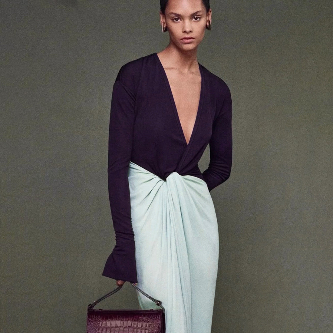Elegant Deep V-Neck Long Sleeve Maxi Dress