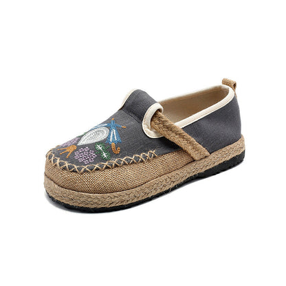 Summer New Ethnic Style Women'S Single Shoes Lazy One Step Round Toe Thick Sole Cotton Hemp Embroidered Shoes