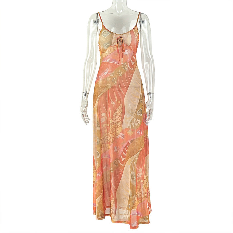 Sexy Backless Midi Dress With Abstract Print