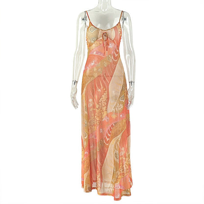 Sexy Backless Midi Dress With Abstract Print