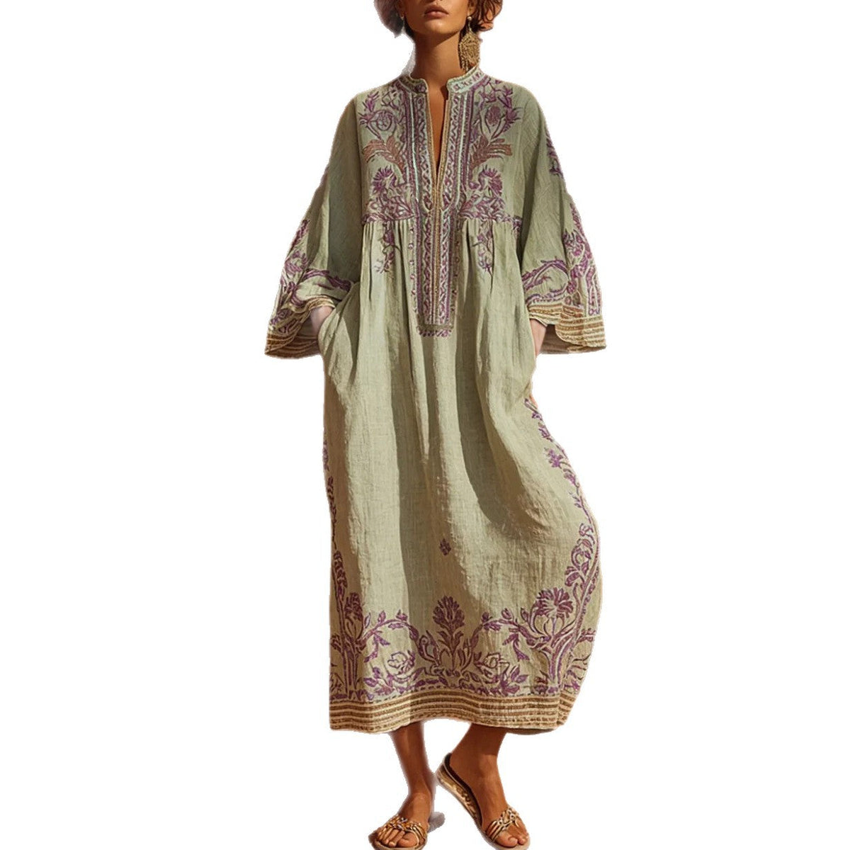 Embroidered Linen-Blend Kaftan Maxi Dress