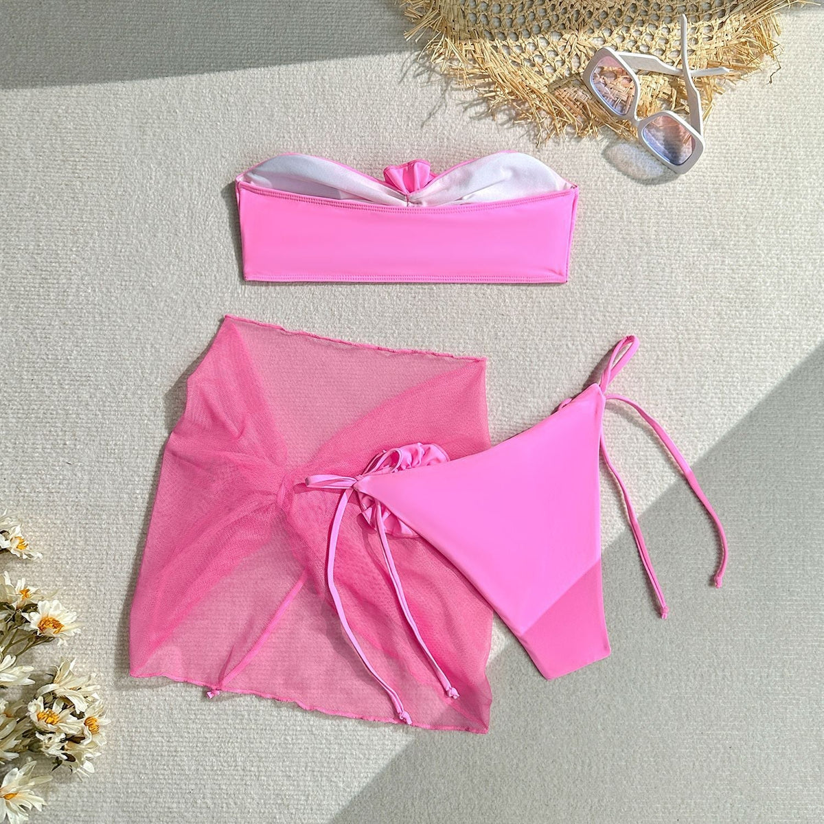 3-Piece Sexy 3D Floral Bandeau Bikini Set