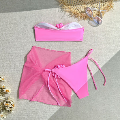 3-Piece Sexy 3D Floral Bandeau Bikini Set