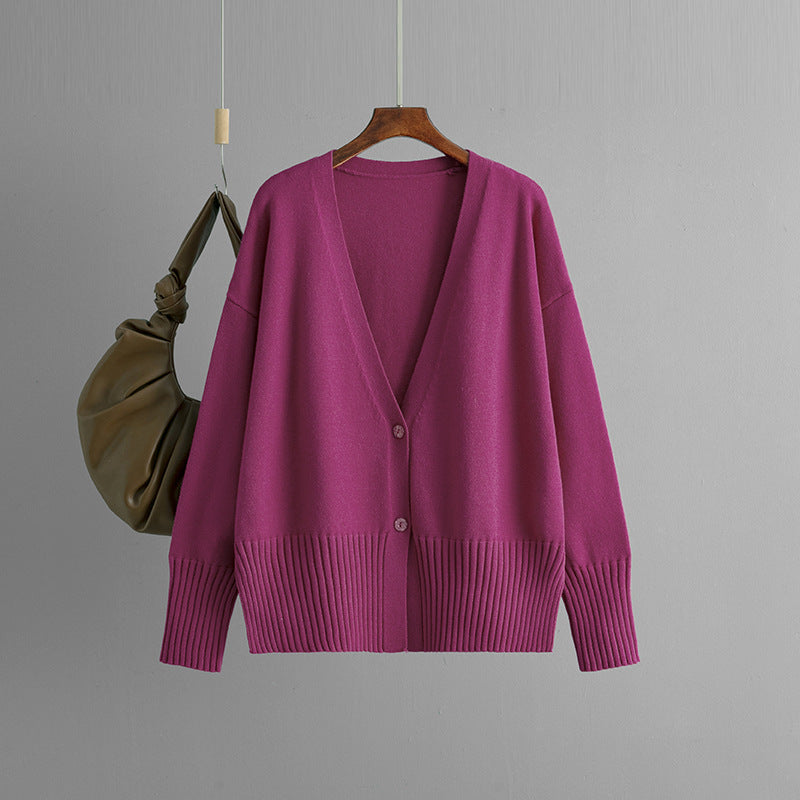 Elegant V-Neck Solid Color Loose Knit Cardigan