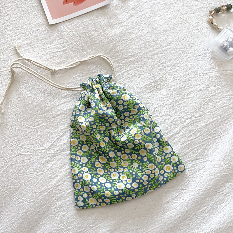 Mini Cotton Drawstring Makeup Pouch Cute Floral Travel Bag