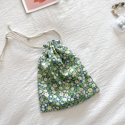 Mini Cotton Drawstring Makeup Pouch Cute Floral Travel Bag