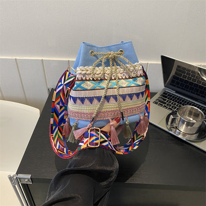 Trendy Ethnic Style Fringed Bucket Bag Casual Shoulder Bag