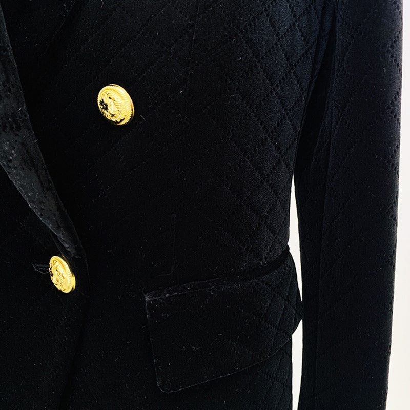 Double Breasted Velvet Blazer with Metal Lion Button