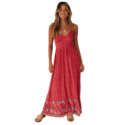 Summer New Swing Skirt Women'S Bohemian V-Neck Suspenders Floral Dress