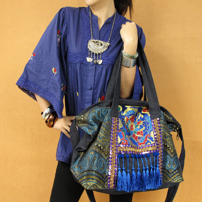 Original Ethnic Style, National Fashion, Retro Literature And Art Embroidery Tassel Single Shoulder Messenger Bag, Large Capacity Travel Cowboy Bag