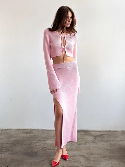 Elegant Bell Sleeve Cardigan & Maxi Skirt Set