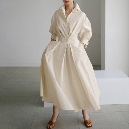 Cotton And Linen Net Color Lapel /Polo Collar Shirt Sleeve Elastic Waist Big Swing Dress