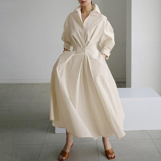 Cotton And Linen Net Color Lapel /Polo Collar Shirt Sleeve Elastic Waist Big Swing Dress