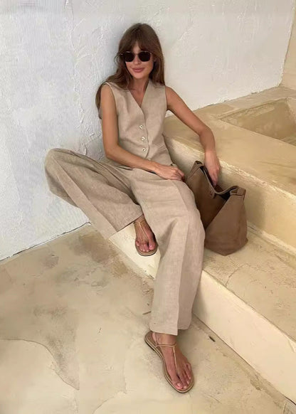 Linen Vest And Wide Leg Pants Set With Tailored Design