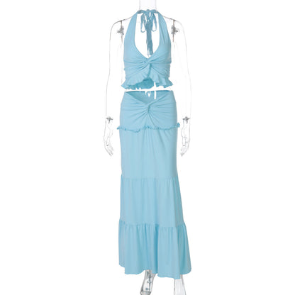 Sexy V-Neck Ruffle Hem Halter Maxi Dress Set
