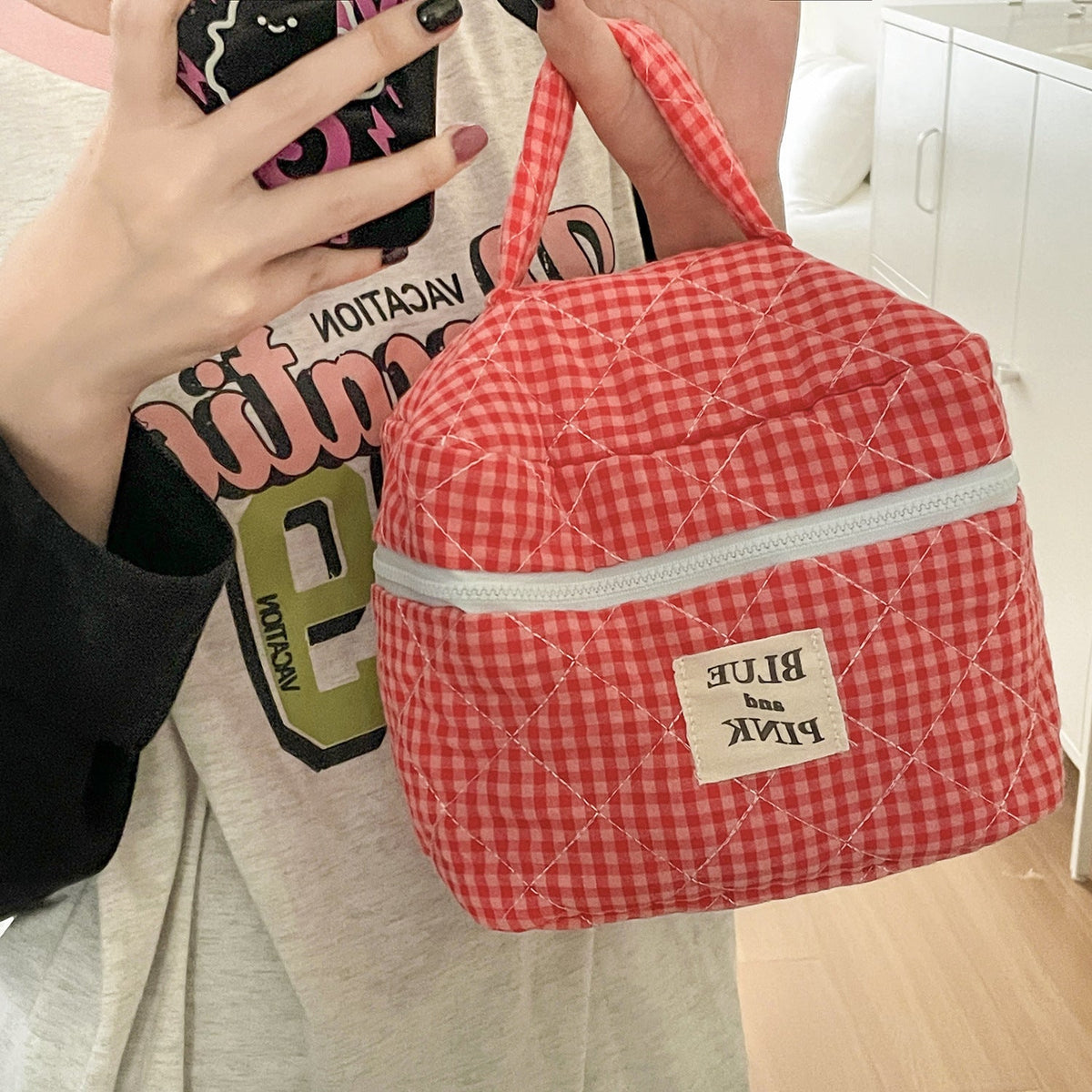 Berry Check Quilted Makeup Bag Large Capacity Cotton Cosmetic Organizer
