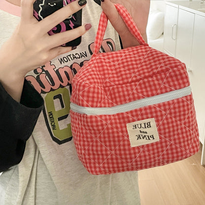 Berry Check Quilted Makeup Bag Large Capacity Cotton Cosmetic Organizer