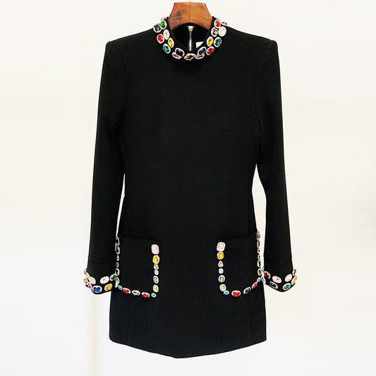 Fashionable Long Sleeve Beaded Dress With Colorful Gems