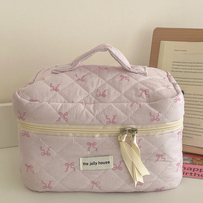 Pink Ribbon Bow Makeup Bag Quilted Pouch