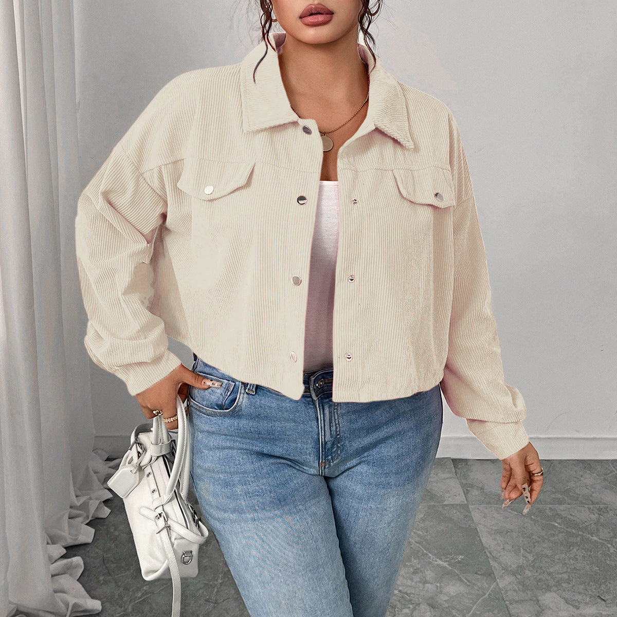 Casual Corduroy Jacket With Polo Collar And Lantern Sleeves