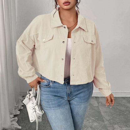 Casual Corduroy Jacket With Polo Collar And Lantern Sleeves