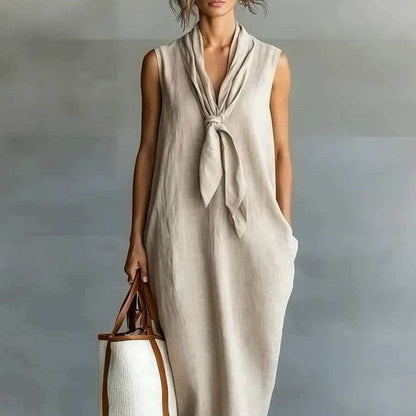 Natural Beige Linen Sleeveless Front Tie Knot Midi Shift Dress