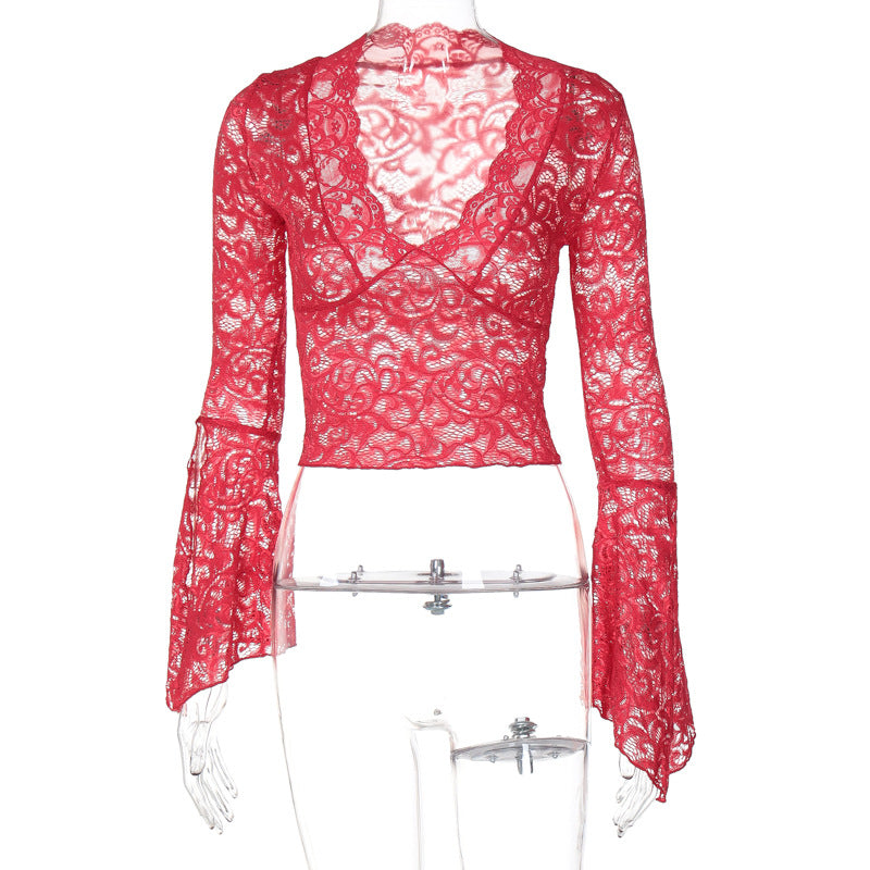 Sexy Deep V Lace Crop Top with Long Sleeves