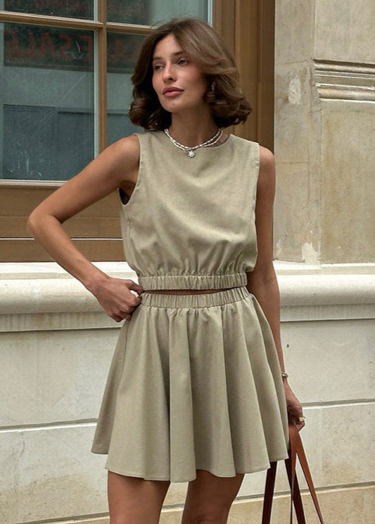Two Piece Crop Top And Mini Skirt Set Khaki