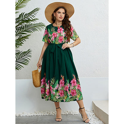 Floral Print A-Line Dress with Adjustable Tie Waist