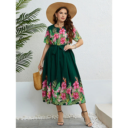 Floral Print A-Line Dress With Adjustable Tie Waist