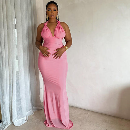 Elegant Solid Color Bodycon Dress With V-Neck Backless Design