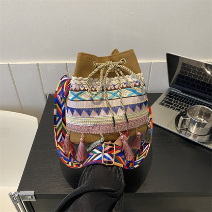 Trendy Ethnic Style Fringed Bucket Bag Casual Shoulder Bag