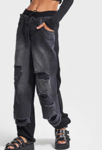 Ripped Drawstring Color Block Straight Leg Jeans