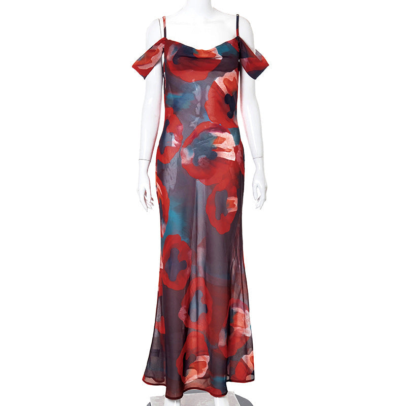 Fashion Printed Suspenders Sleeveless High Waist One Shoulder Temperament Dress For Women